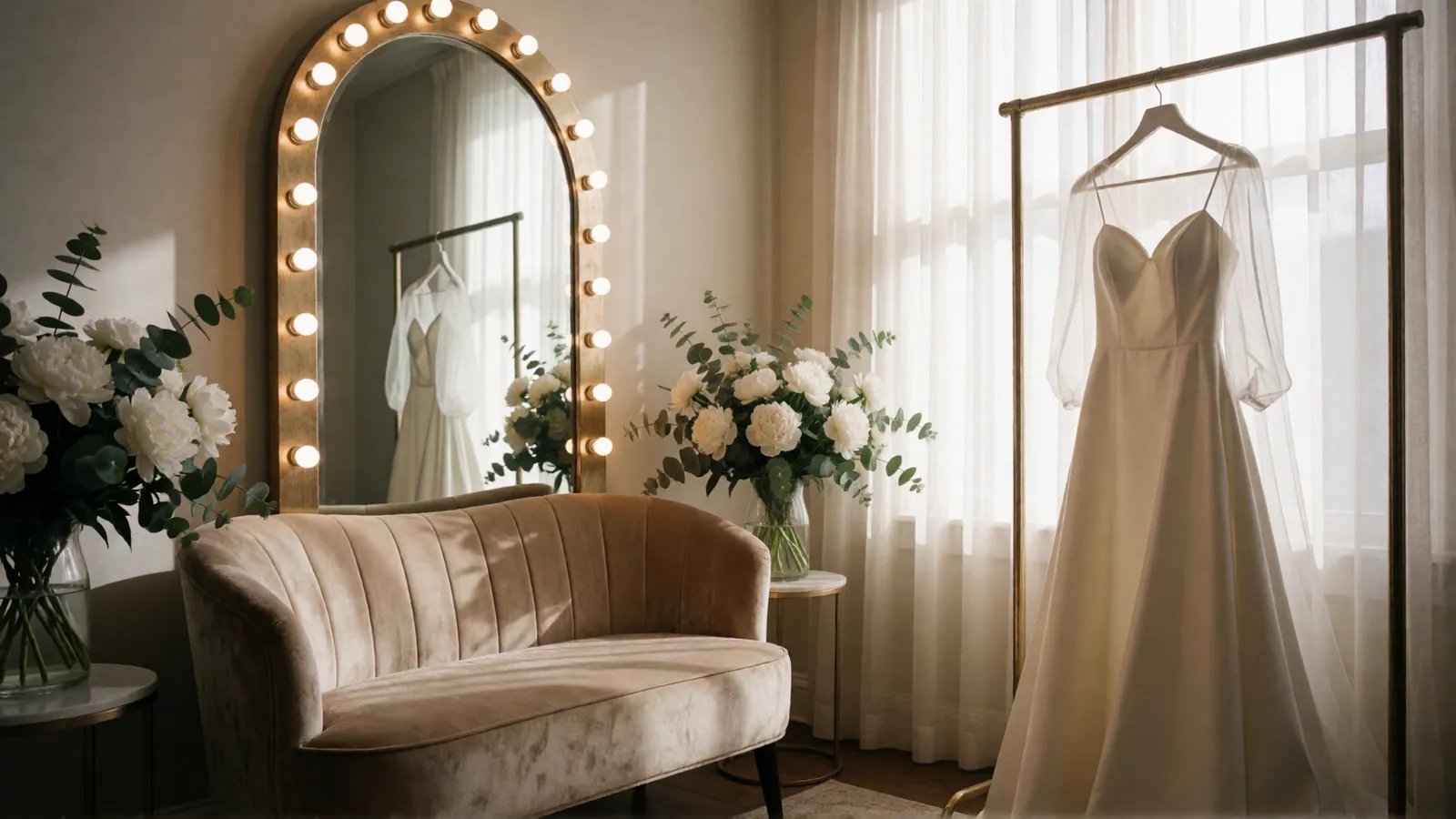 The private bridal suite with an arched mirror and velvet settee