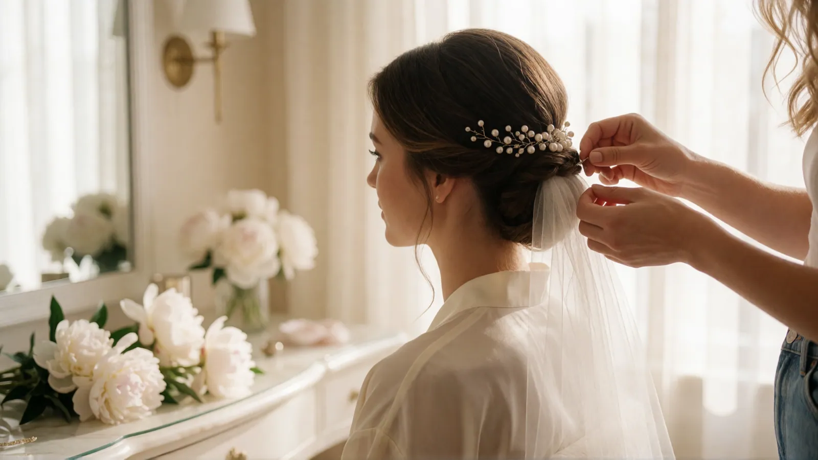 A bridal stylist pinning an elegant low chignon with pearl pins