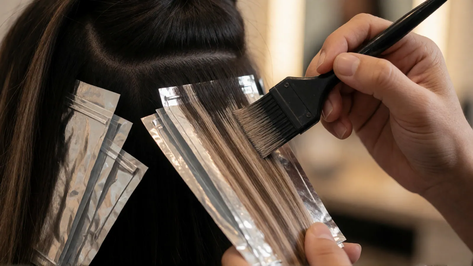 A colorist hand-painting balayage highlights onto long dark hair