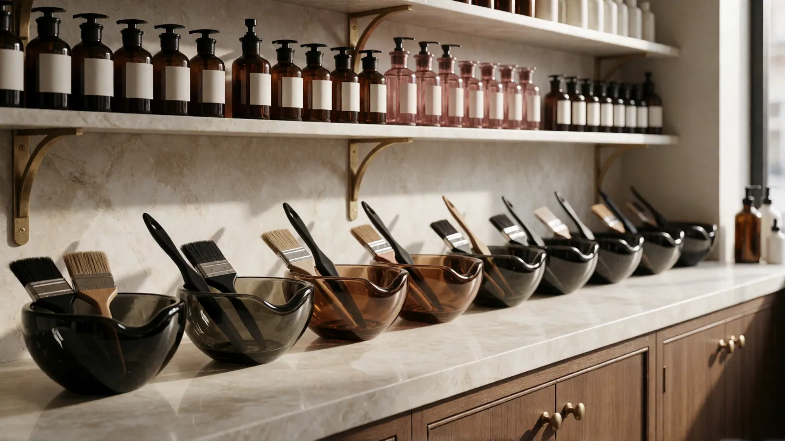 The color bar at Woodside Hair Style Salon, with tinted glass bowls and apothecary bottles