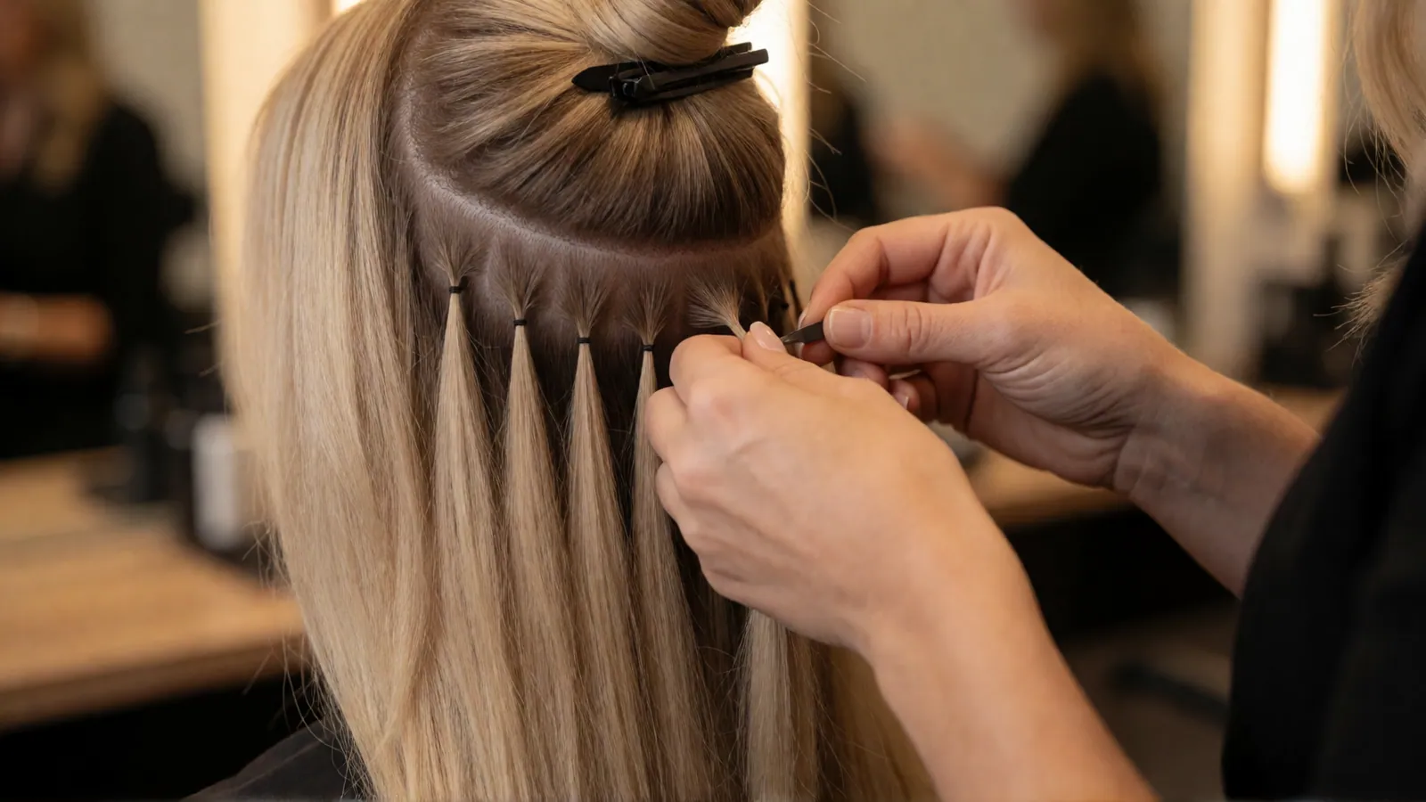 A stylist installing fine hand-tied hair extension wefts on long blonde hair