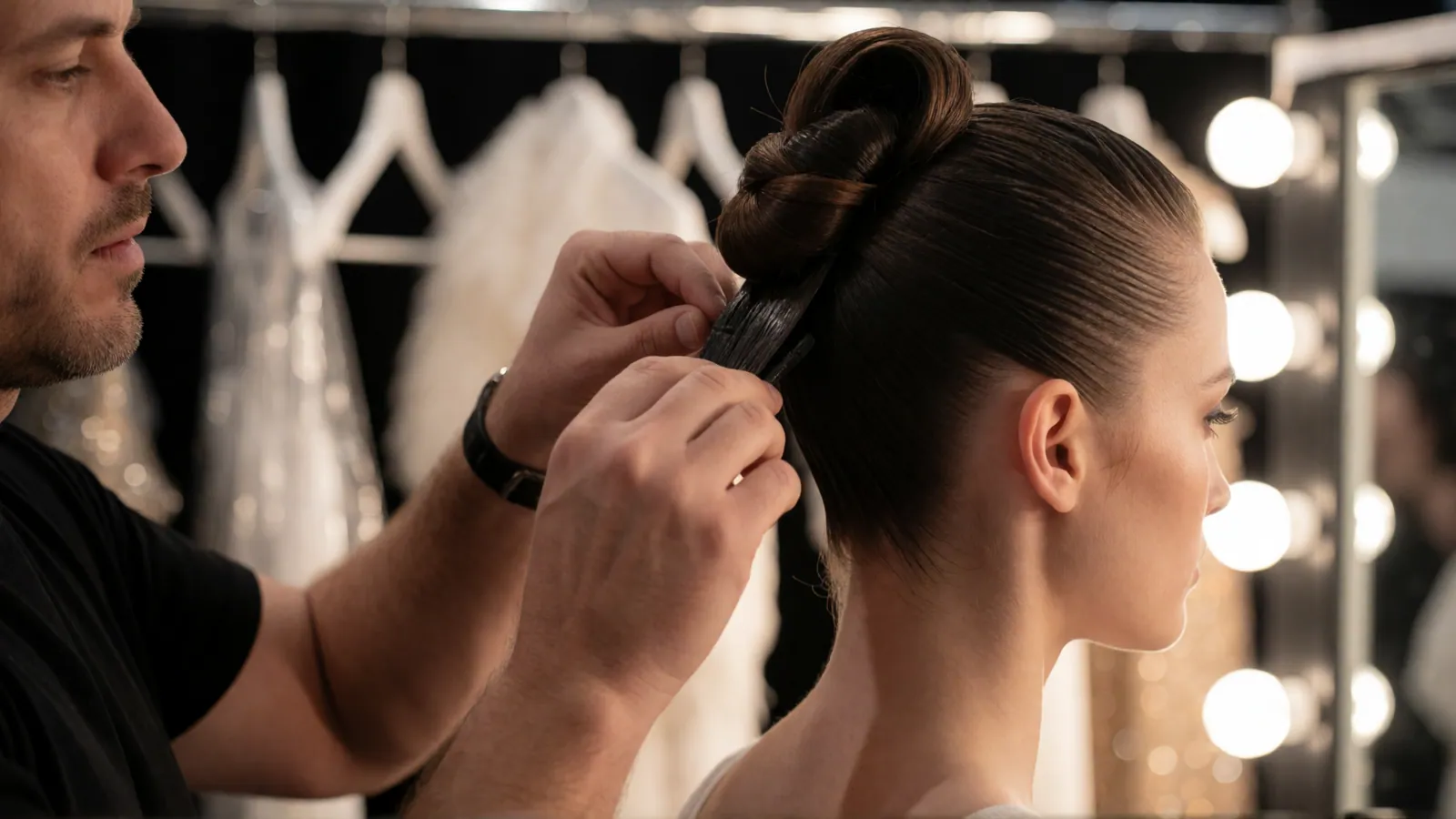 A stylist sculpting a sleek editorial updo backstage at a fashion show