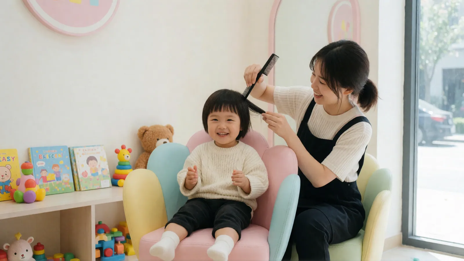 A child having a haircut in a bright, playful children's corner