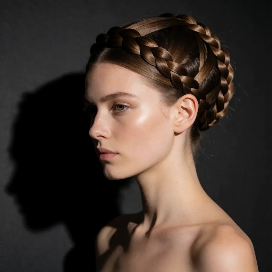 An avant-garde architectural braided crown under dramatic light