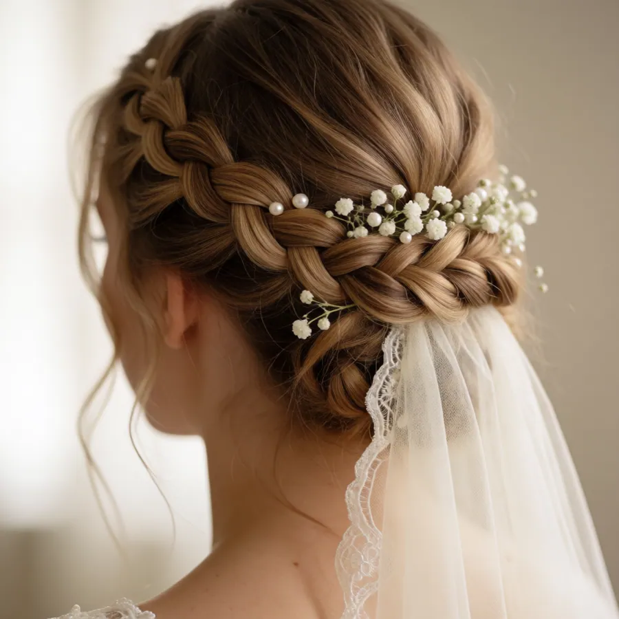 An intricate braided bridal updo woven with pearls