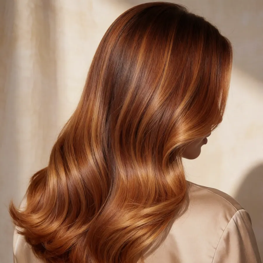 Long hair in a rich copper-to-honey hand-painted balayage