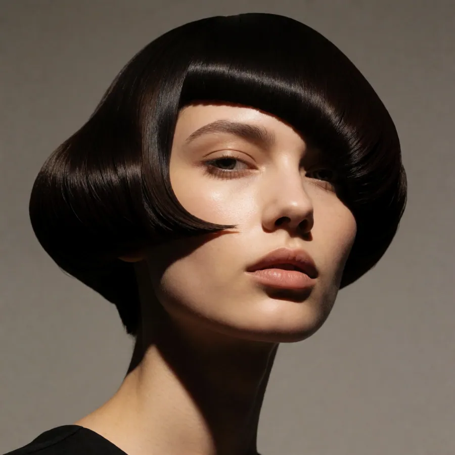 A model with a sharp, high-shine sculptural blunt bob