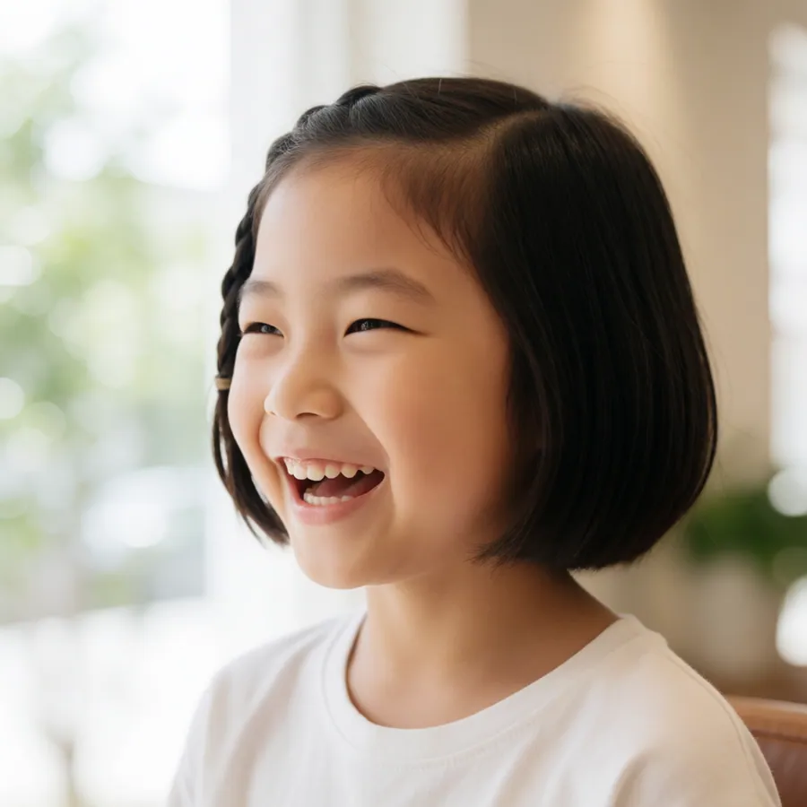 A laughing young girl with a freshly cut glossy bob