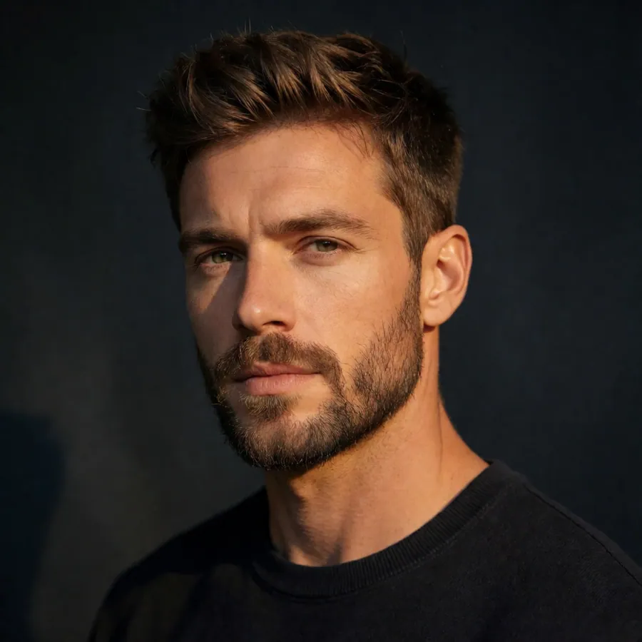 A man with a fresh textured crop and a sharp skin fade