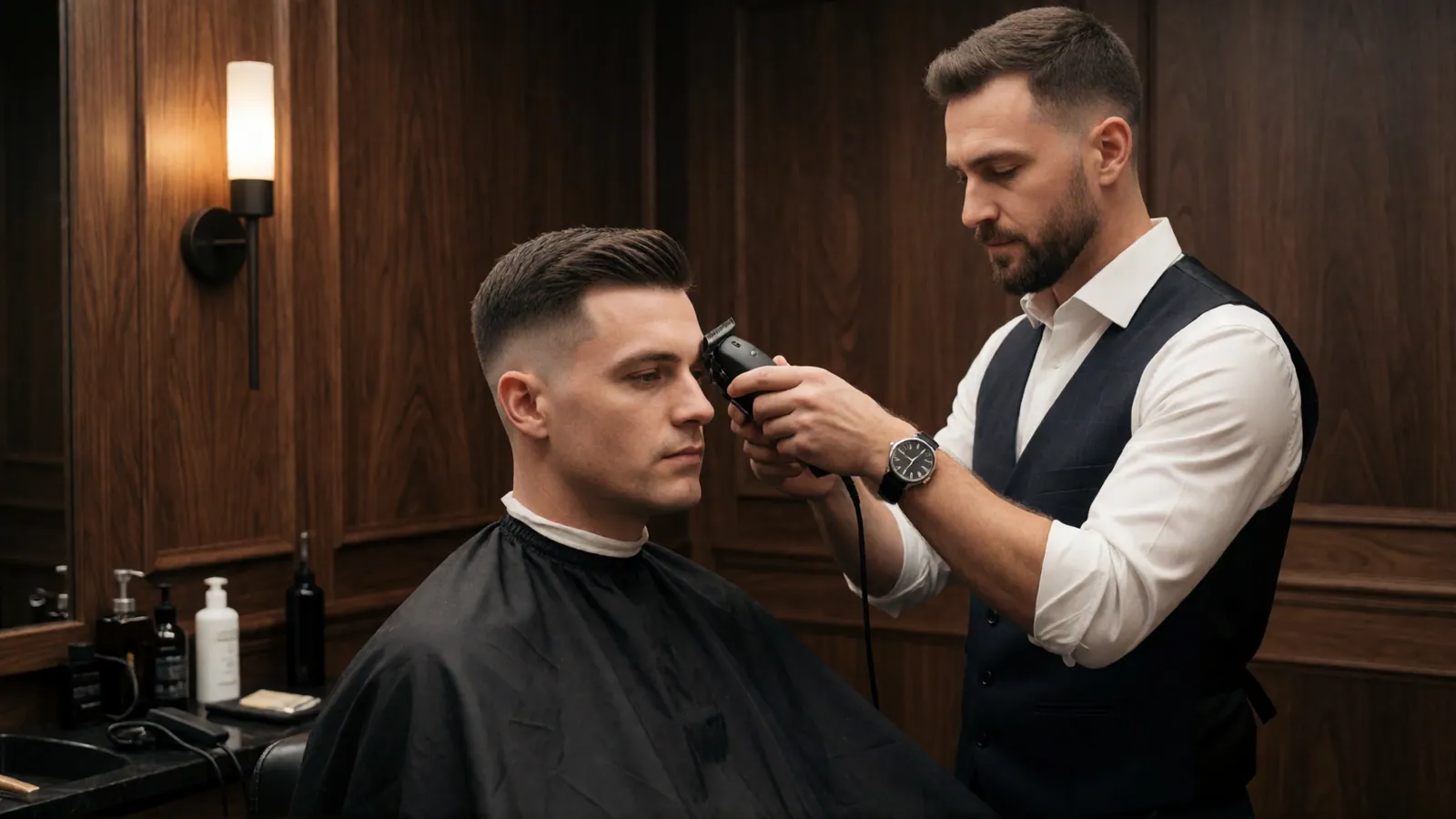 A barber giving a precise textured fade in an upscale grooming station