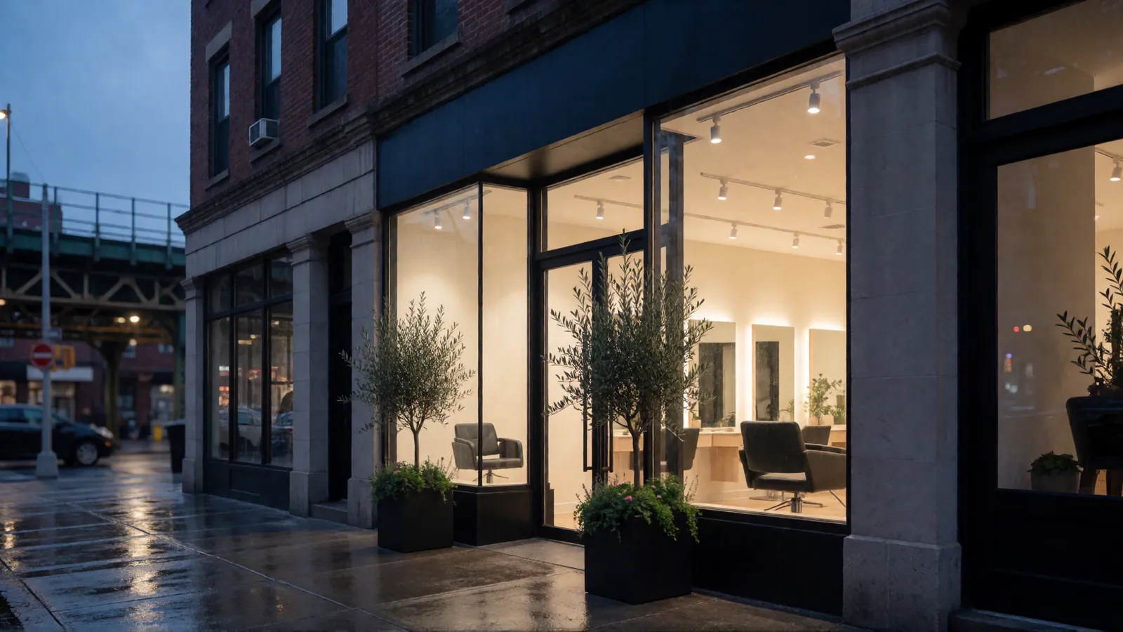 The storefront of Woodside Hair Style Salon at dusk