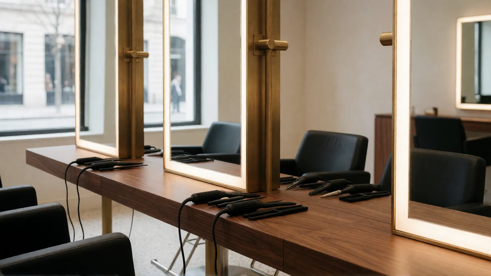 The styling stations at Woodside Hair Style Salon, with tall backlit mirrors and terrazzo floors