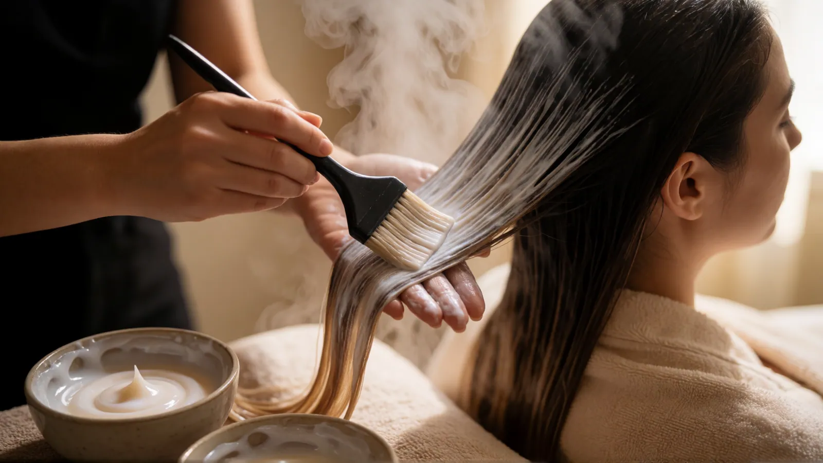 A glossing treatment being applied through long hair at a luxury salon