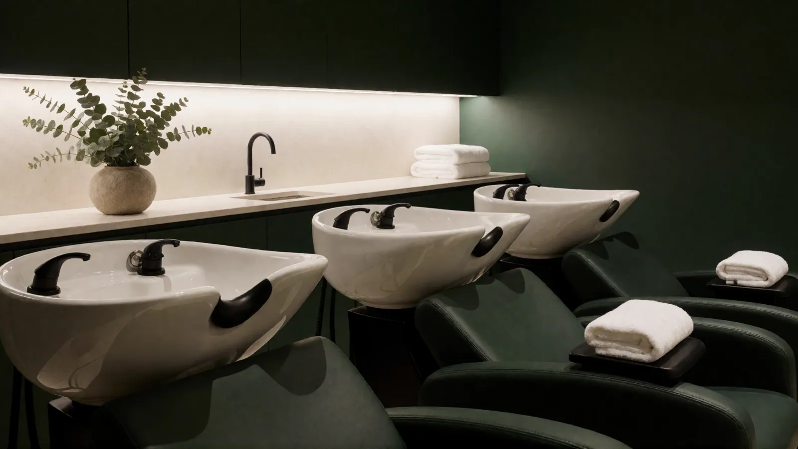 The wash lounge with sculptural basins and reclining chairs