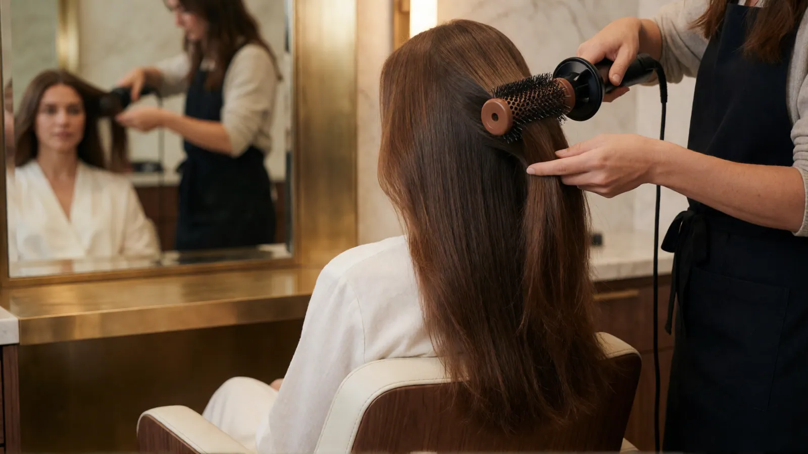 A woman having a glossy chestnut blow-dry in a luxury salon chair
