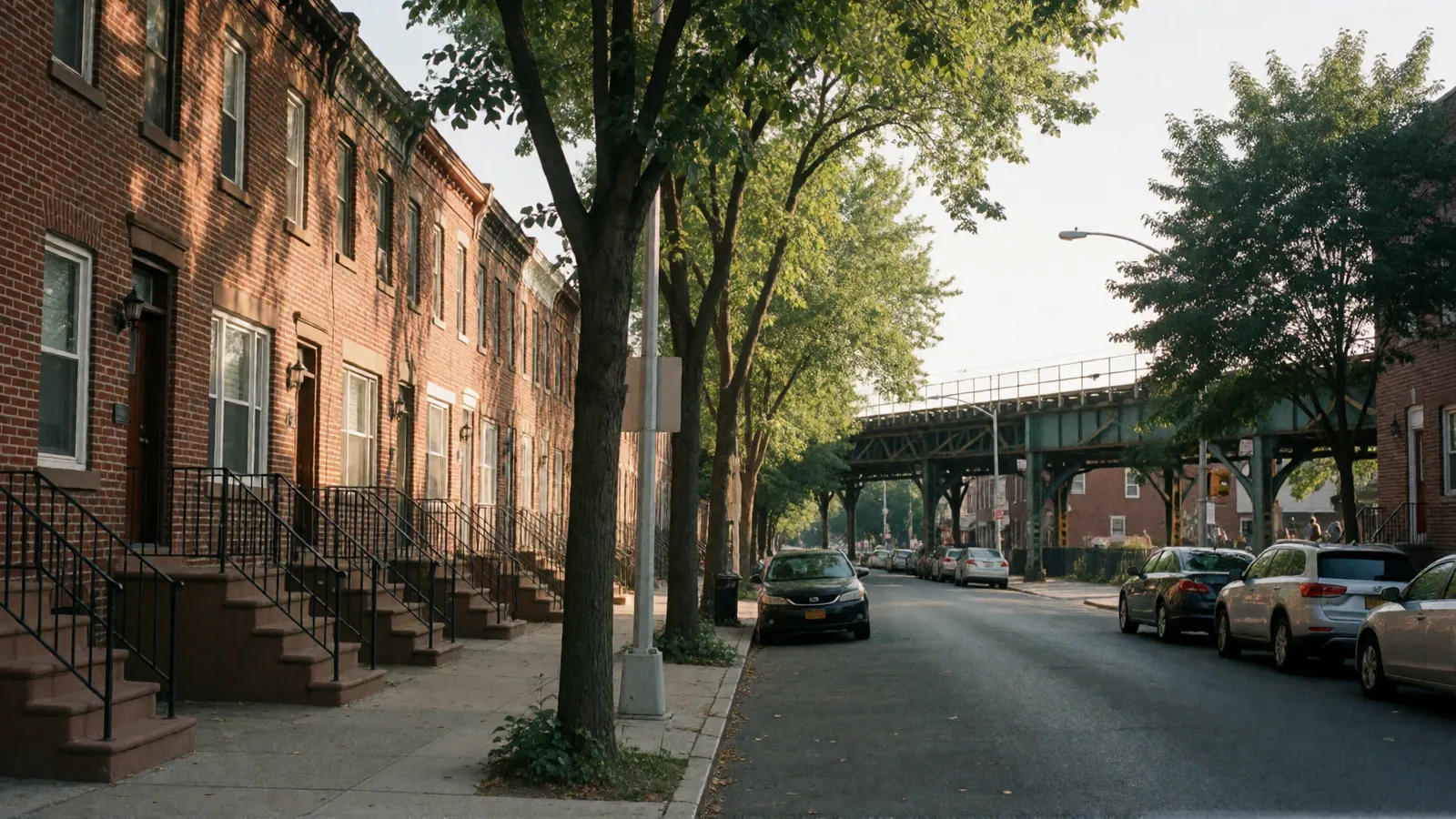 A residential street in Woodside, Queens, with the elevated train in the distance